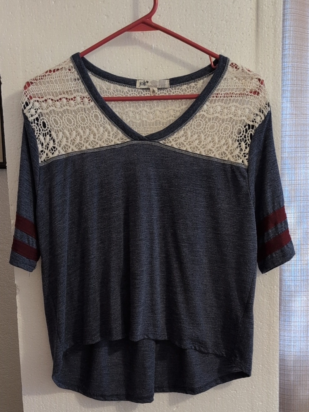 Jolt Navy Lace Yoke V-Neck Women's Top with Burgundy Stripe Sleeves